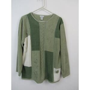 Vintage Littleton XL Chenille Patchwork Sweater Sage Green White Embroidered